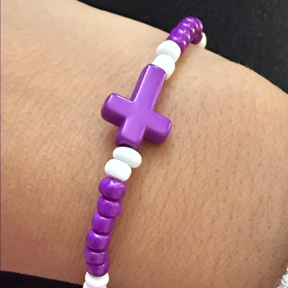 Purple and White Beaded Cross Bracelet for Kids